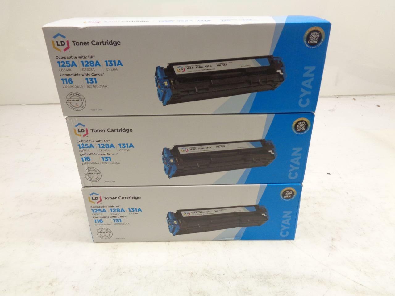 3 REMAN LD PRODUCTS TONER CARTRIDGES CYAN FOR HP 125A 128A & CANON 116, 131 SR