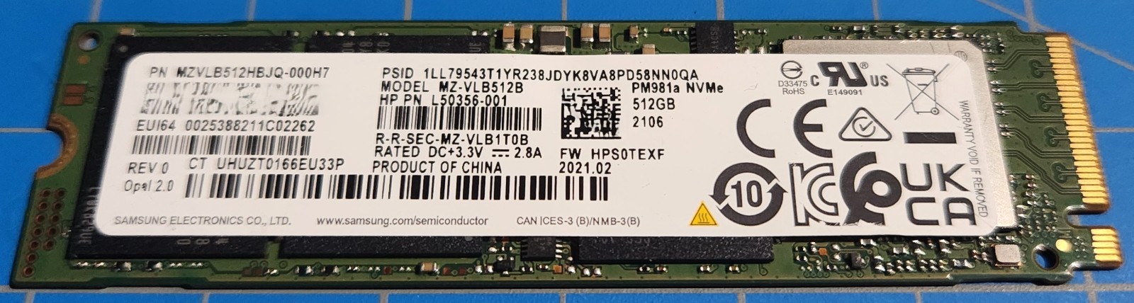Samsung MZVLB512HBJQ-000H7 512GB NVMe SSD M.2 2280 PCIe 3.0 x4 SN Last 5: 25014