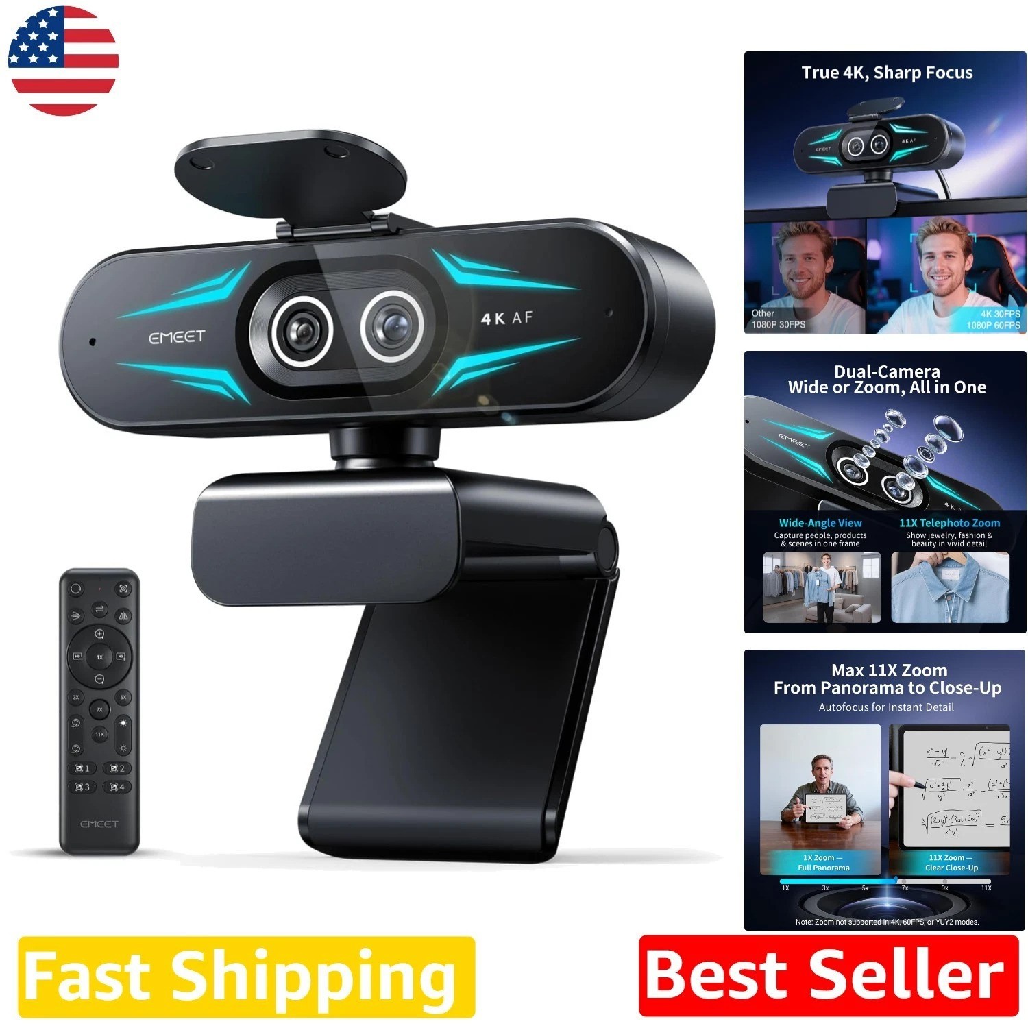 Pro 4K Webcam: World's 1st Dual-Camera, 11X Zoom, RGB Lighting, Clear Audio