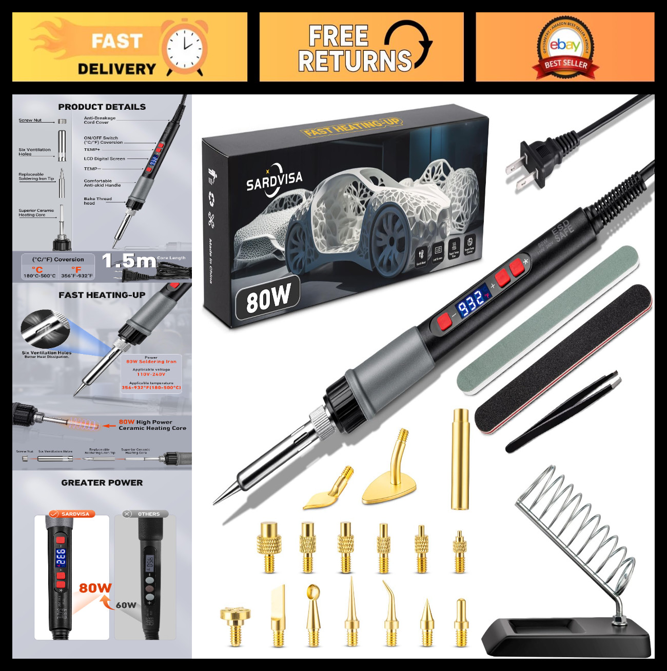 22-in-1 3D Printer Tool Kit | LCD Soldering Iron, Fast Heating, Brass Tips & Nut