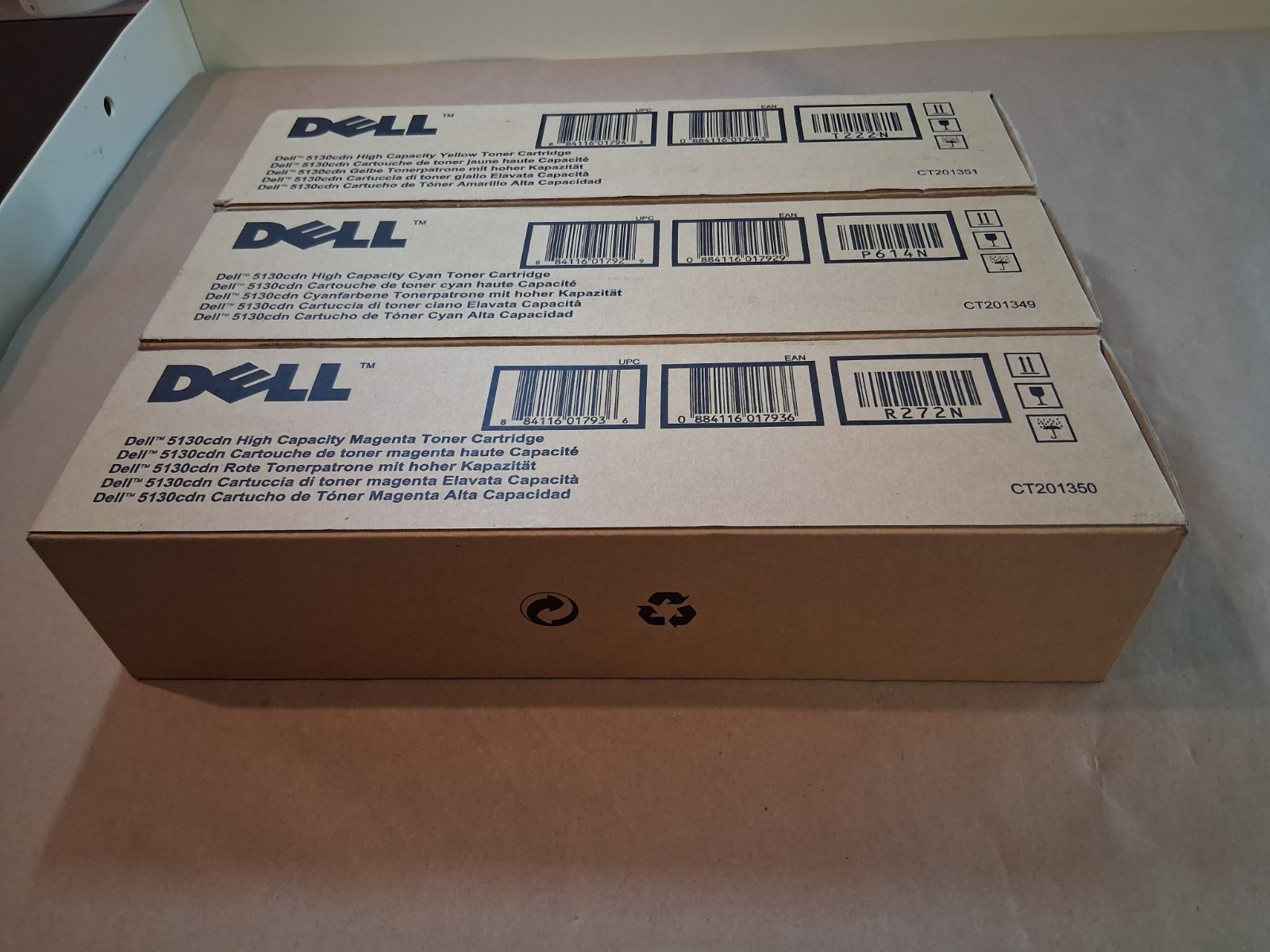 Lot of 3 Dell Toner Cartridges 5130cdn Cyan,Yellow and Magenta