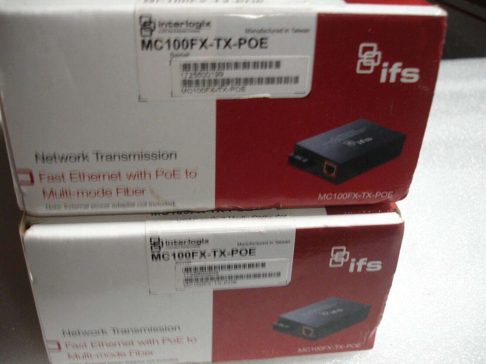 Lot of 2, IFS MC100FX-TX-POE Fast Ethernet w/ PoE to Multi-mode Fiber Media Conv