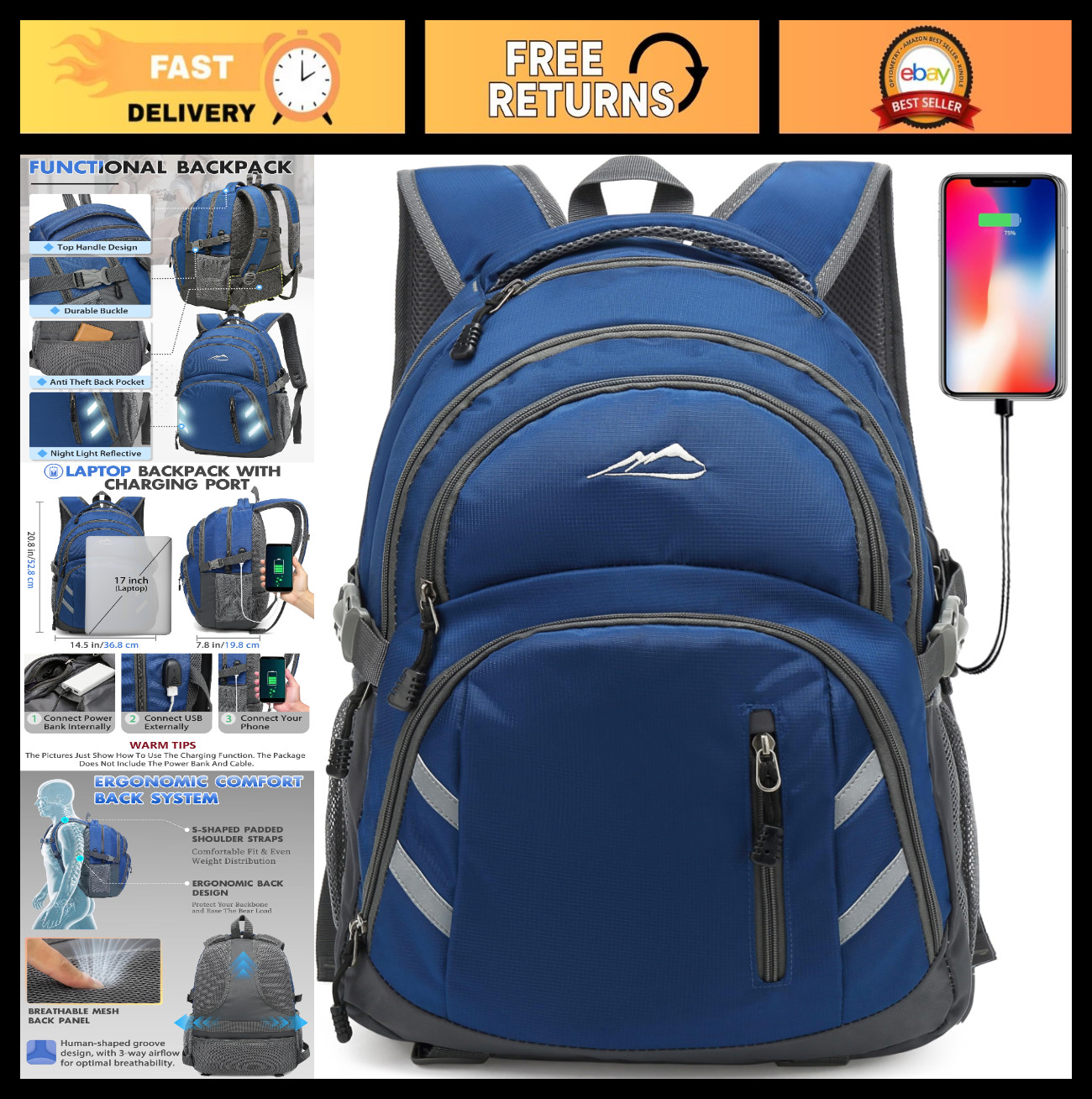 Extra Large College Laptop Backpack - Fits Up to 17" Laptop, USB Charging, Anti-