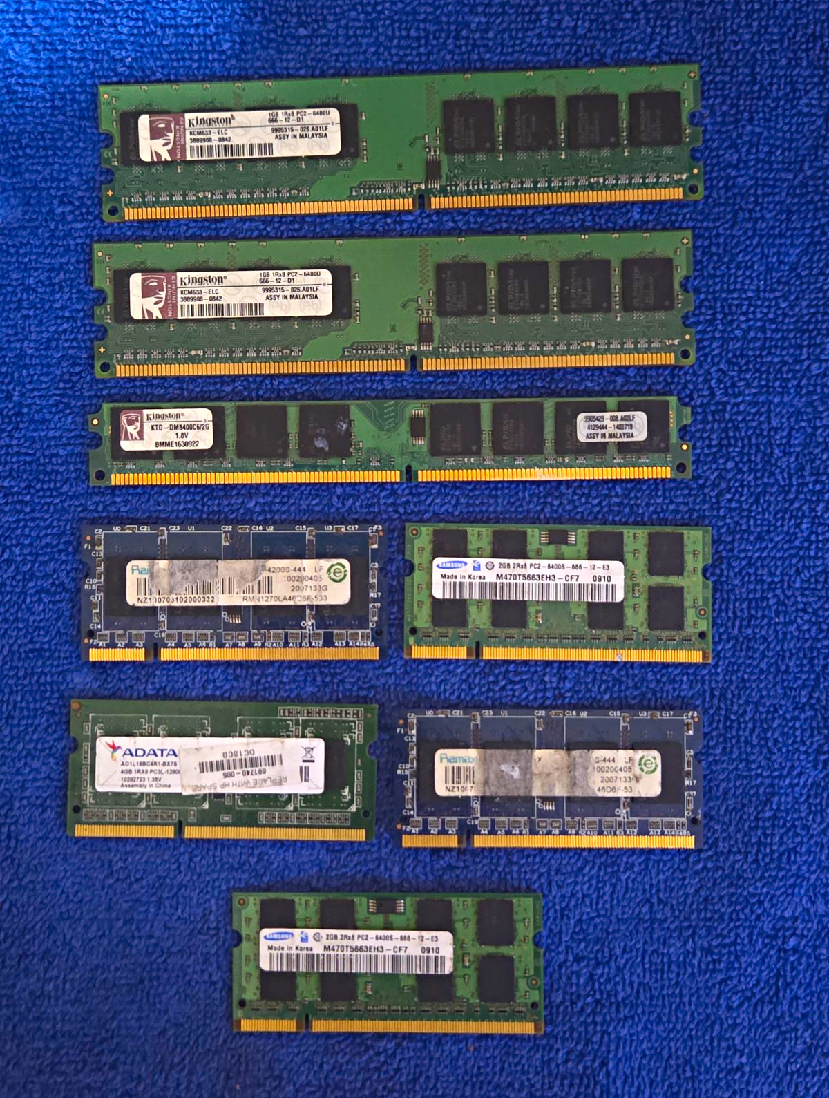 3 Kingston 2GB (2x1GB) DDR2,  2 Samsung 2gb Each, 1 Adata 4gb, 2 Ramax 2gb Each.