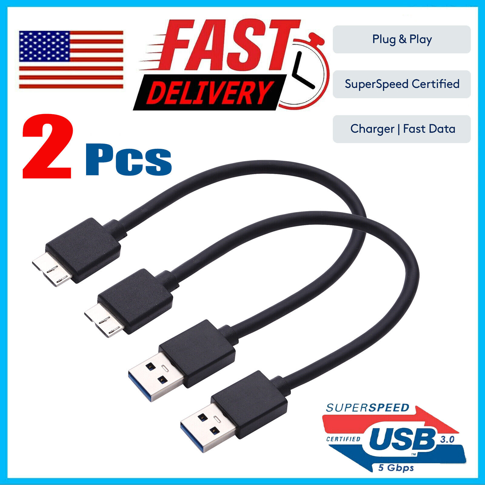 2 Pcs Micro USB 3.0 Flat Cable for WD My Passport & My Book External Hard Drive 