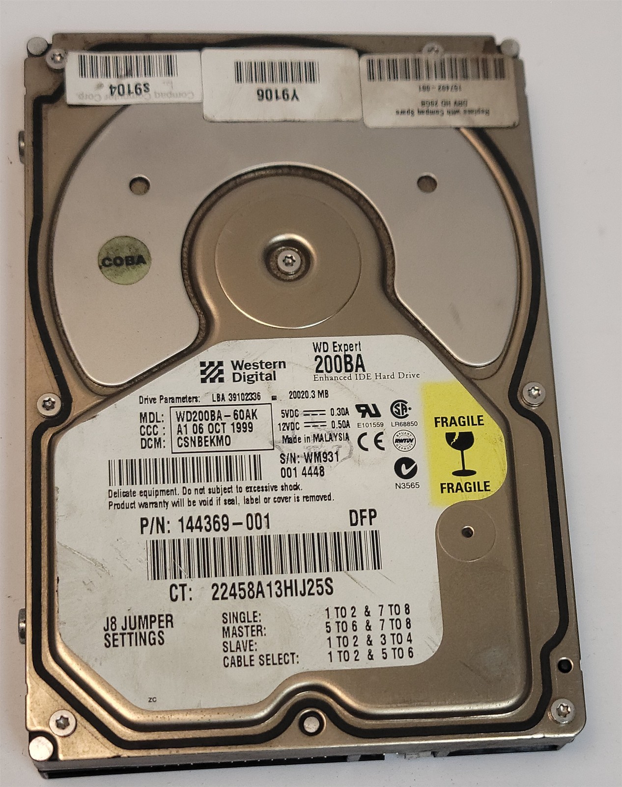 Western Digital WDC WD200BA HDD, 20 GB , 3.5", IDE/ATA/ATAPI-4 - Tested w/pics