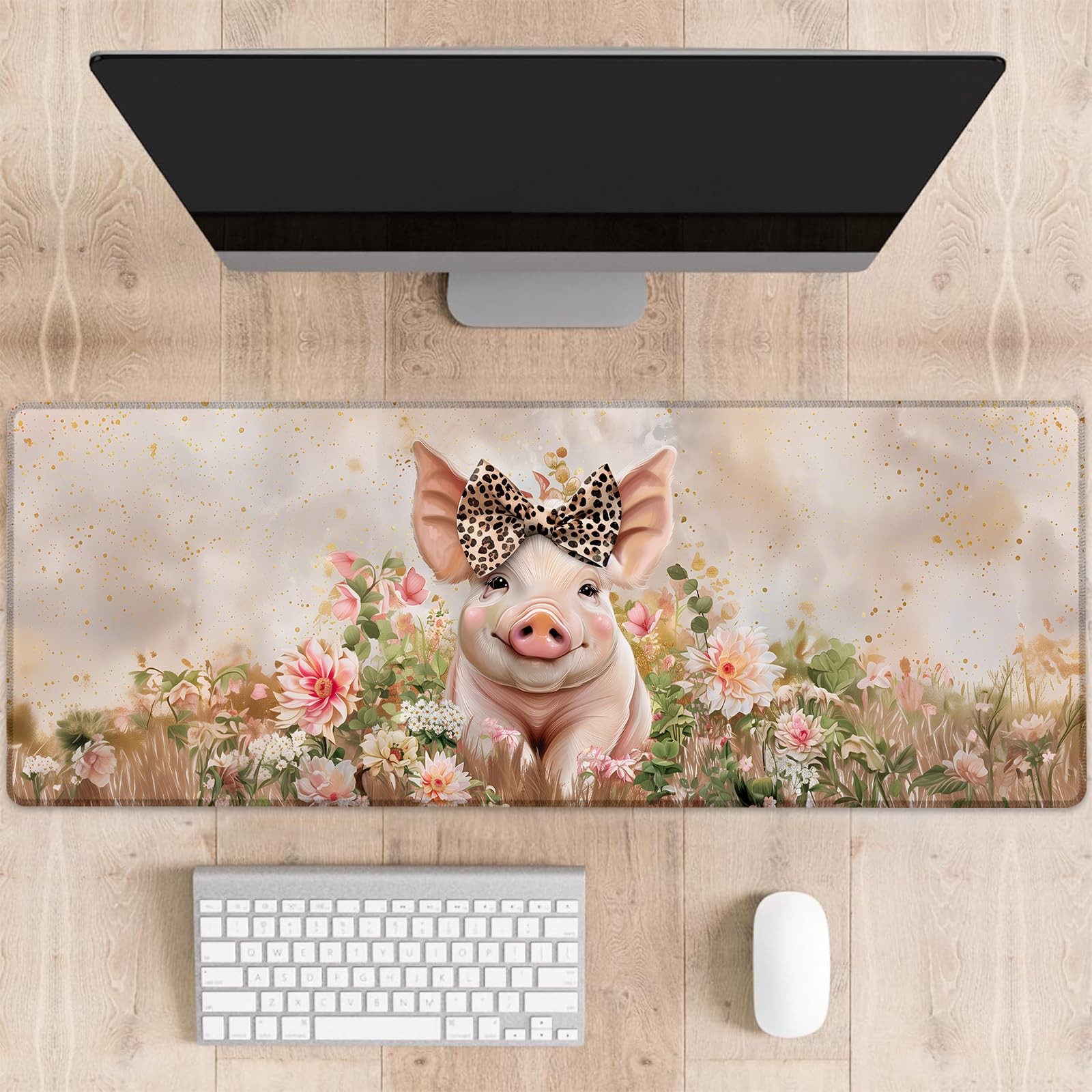 Cute Pig Gaming Mouse Pad Leopard Bow Large Desk Mat Rubber 31.5x11.8 Inch