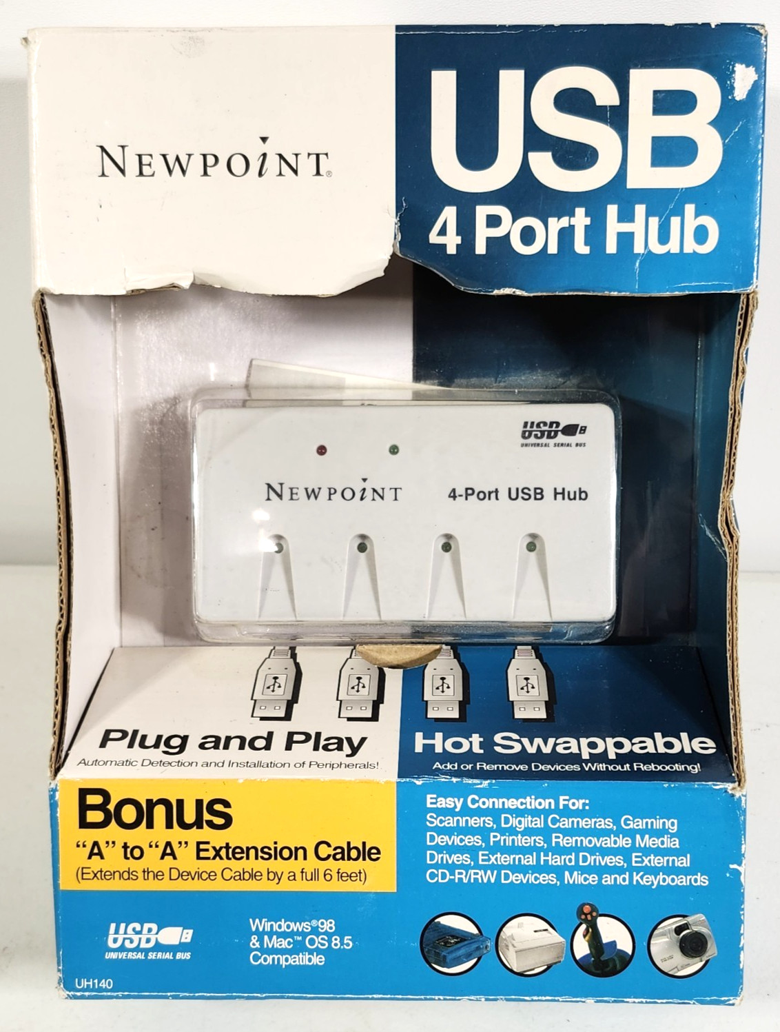 Newpoint USB 4-Port Hub White External Includes 6 Foot Extension Cable NEW