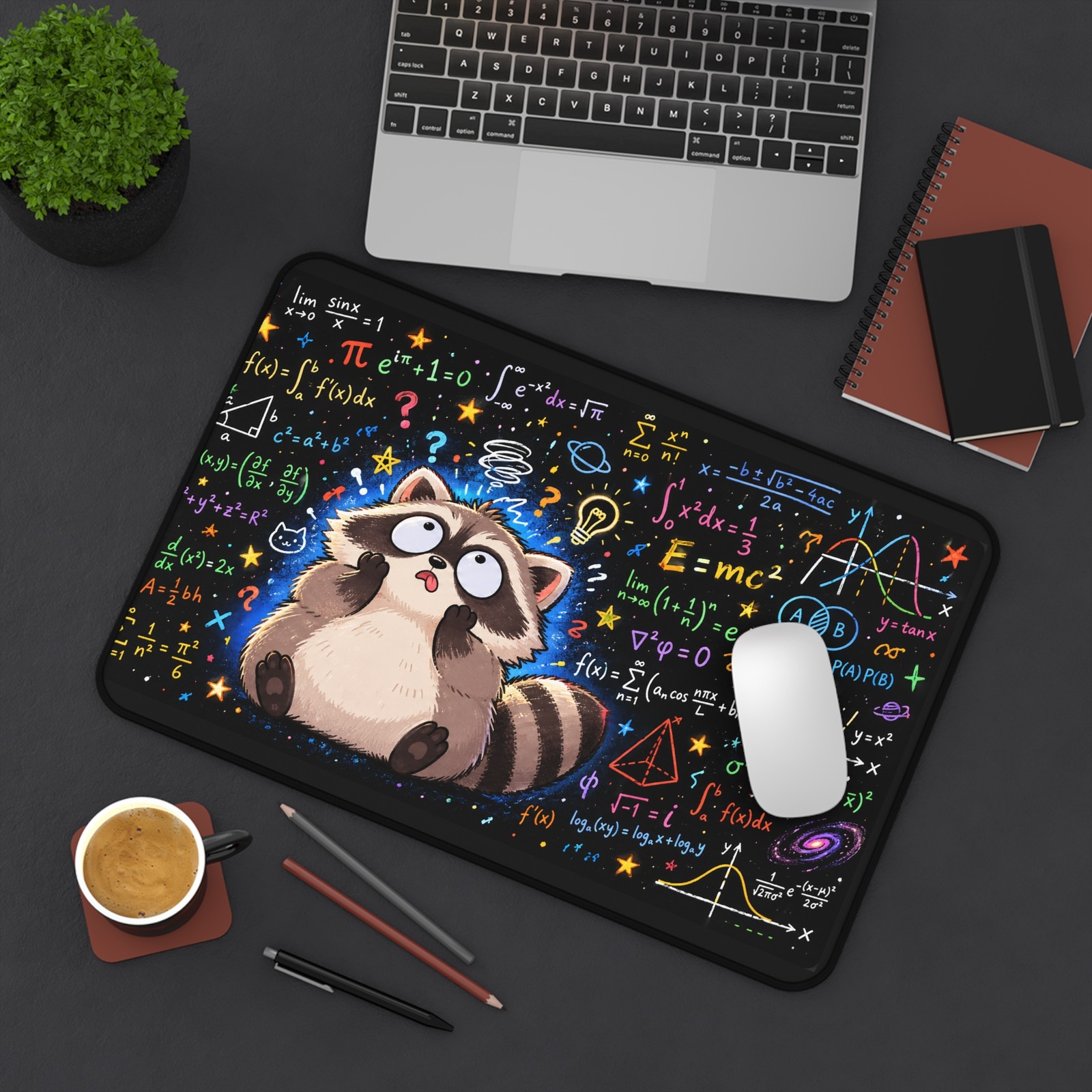 Funny Math Raccoon Desk Mat Mouse Pad | 2 Sizes | Colorful Formula Art