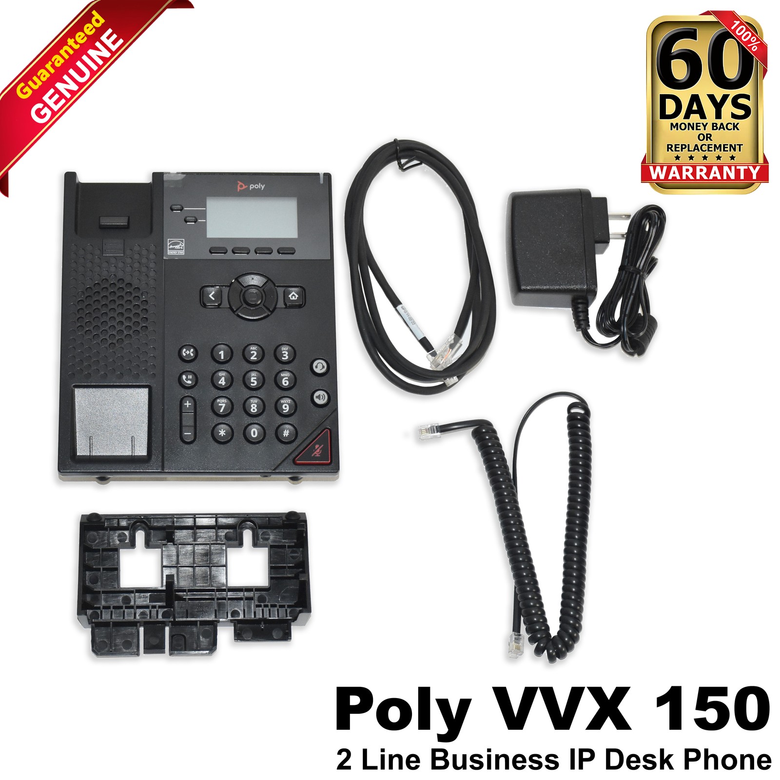 HP Poly VVX 150 2 Line Business IP Desk Phone PoE-enabled with AC Power Adapter