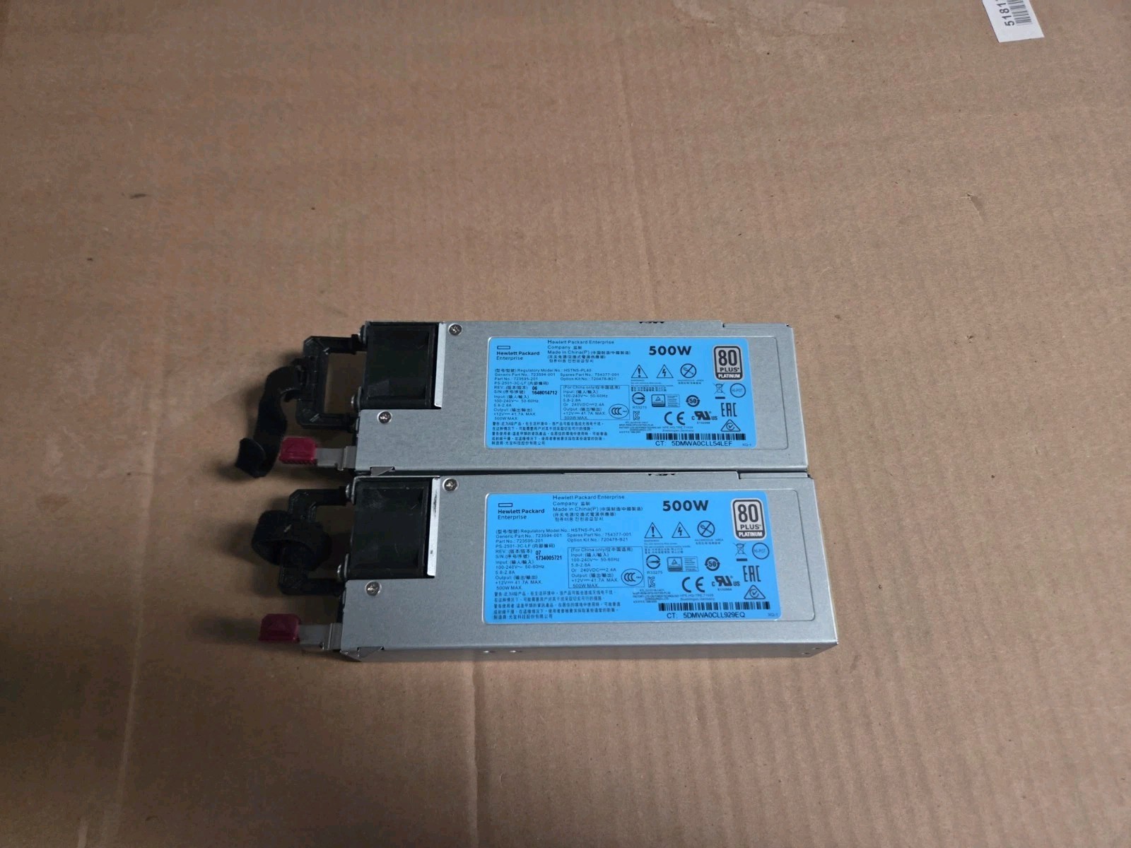 Lot Of 2 HP 754377-001 500W FLEX SLOT PLATINUM PSU - 720478-B21, 723594-001