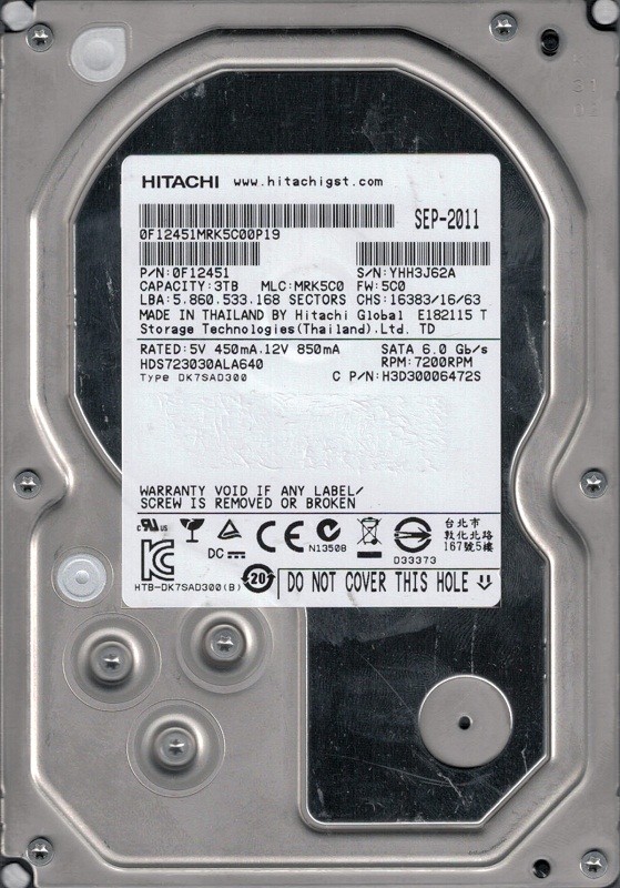 Hitachi HDS723030ALA640 MLC: MRK5C0 P/N: 0F12451 3TB