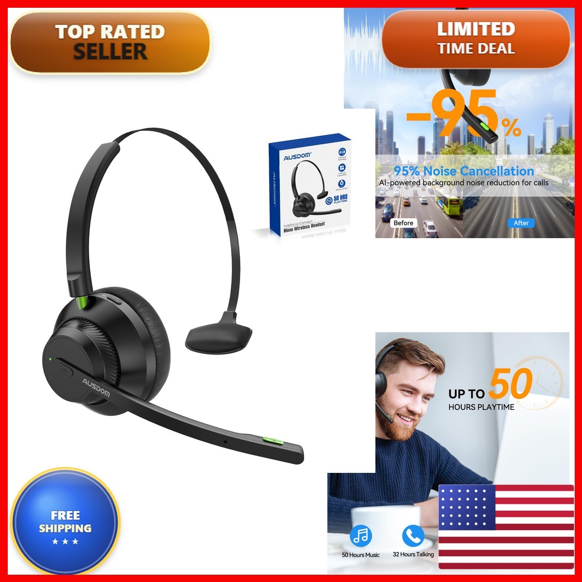 AUSDOM A2301 Trucker Bluetooth Headset Wireless 5.2 AI Noise Cancelling 50H
