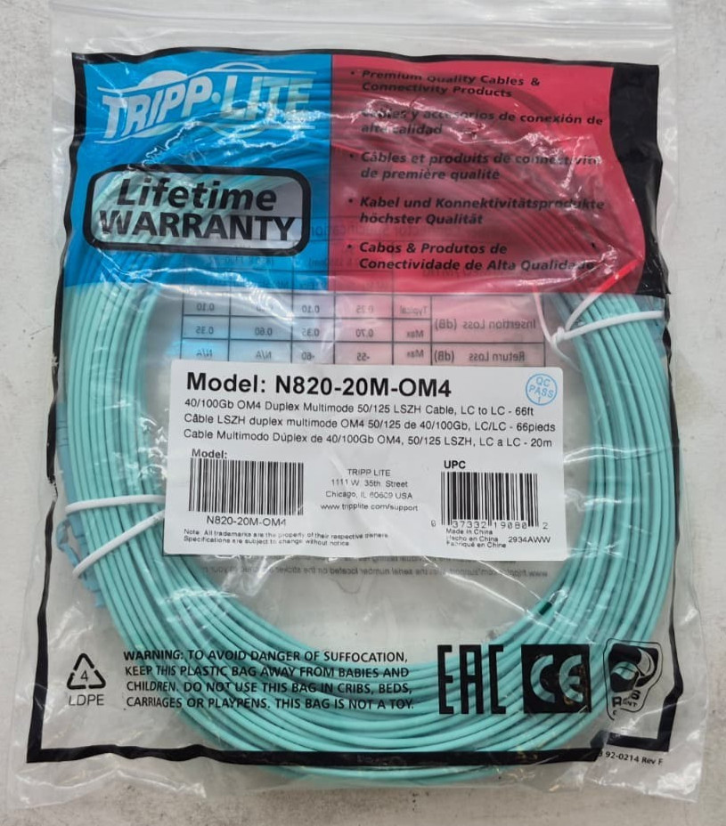 Tripp Lite N820-20M-OM4 Fiber Optic Duplex Multimode 50/125 LSZH 40/100Gb