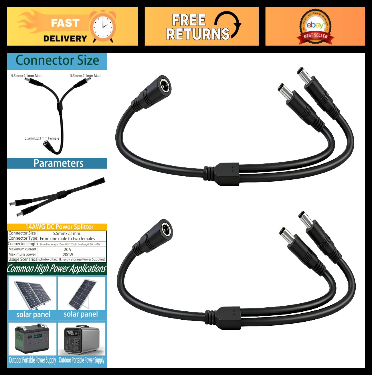 Heavy-Duty 14AWG DC Power Splitter Cable 1.3FT 5.5mm x 2.1mm, 1 Female to 2 Male