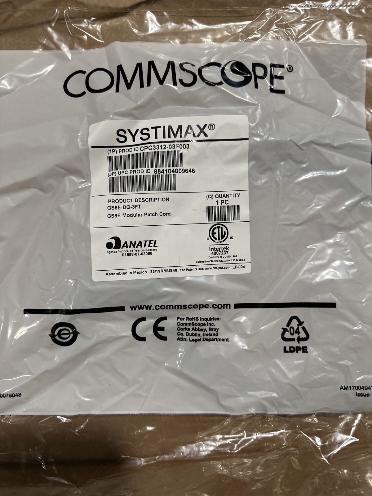 SYSTIMAX GIGASPEED XL GS8E STRANDED MODULAR PATCH CORD 3FT DARK GRAY GS8E-DG-3FT