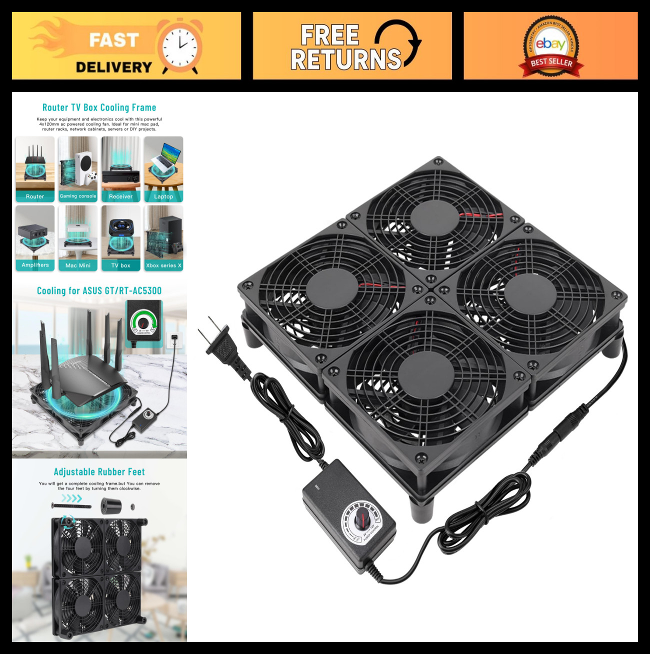 4X 120mm Laptop Cooling Pad with Variable Speed Fans for Computers & Gaming