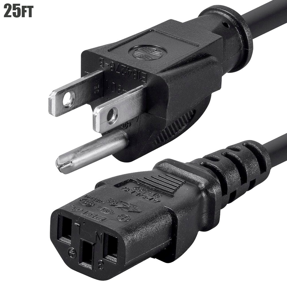 25FT 16/3 Power Cord Cable NEMA 5-15P to IEC 60320 C13 16AWG 3-Prong 13A Black