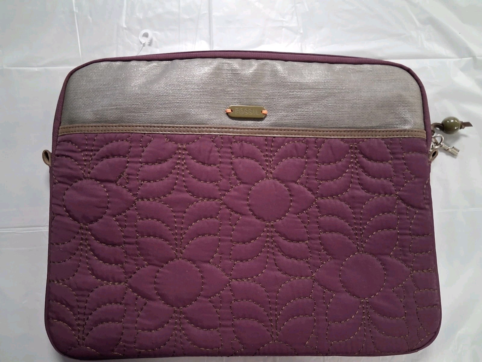 Fossil Key-Per Quilted Floral Purple Gray Laptop Sleeve Padded Case Zip Pouch