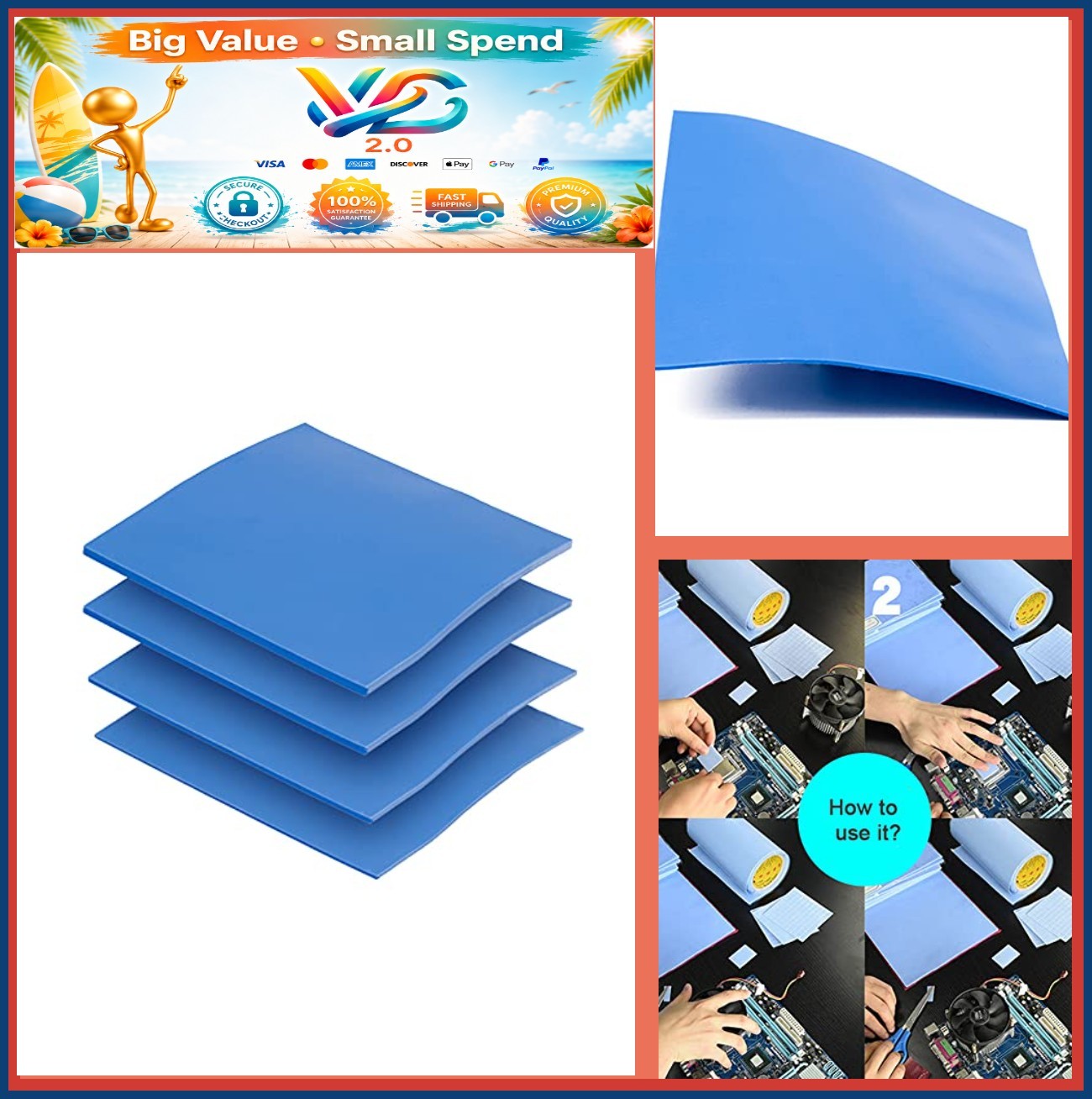 Thermal Pad 4 Pack 100x100mm 6.0W/mK Silicone for CPU GPU SSD Heatsink -40-200°C