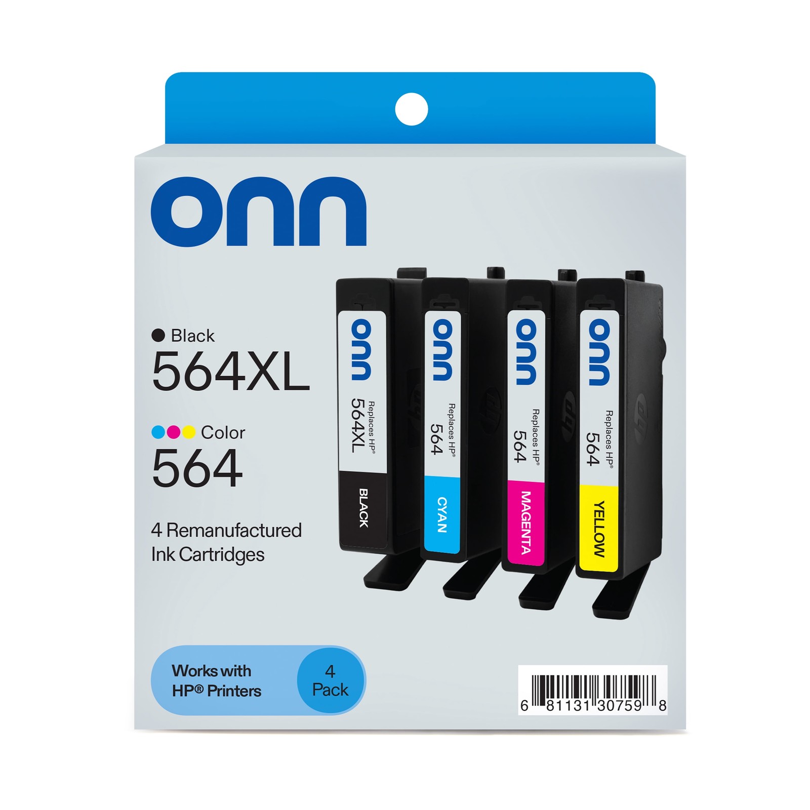 onn Re-manufactured Ink Cartridges for HP 564XL 564 4 Pack Black Color