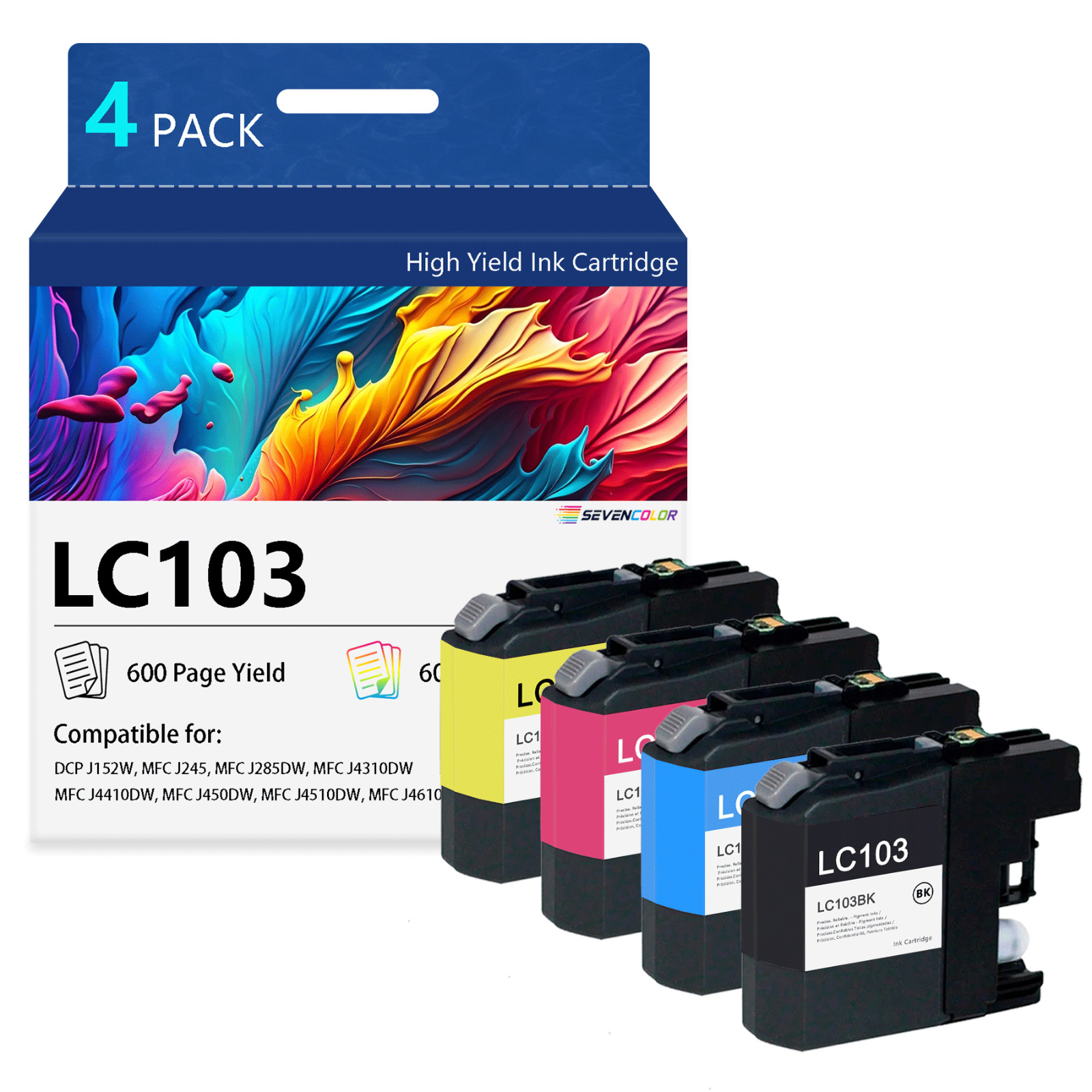 LC103 High Yield Ink Cartridges 4Pack, 1 Cartridge Page Yield Up to 600 Pages