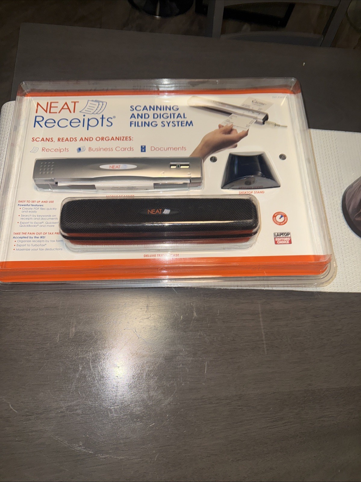 NEW Neat Receipts Scanner Deluxe Bundle Wall Mount, Desktop Stand, Travel Case