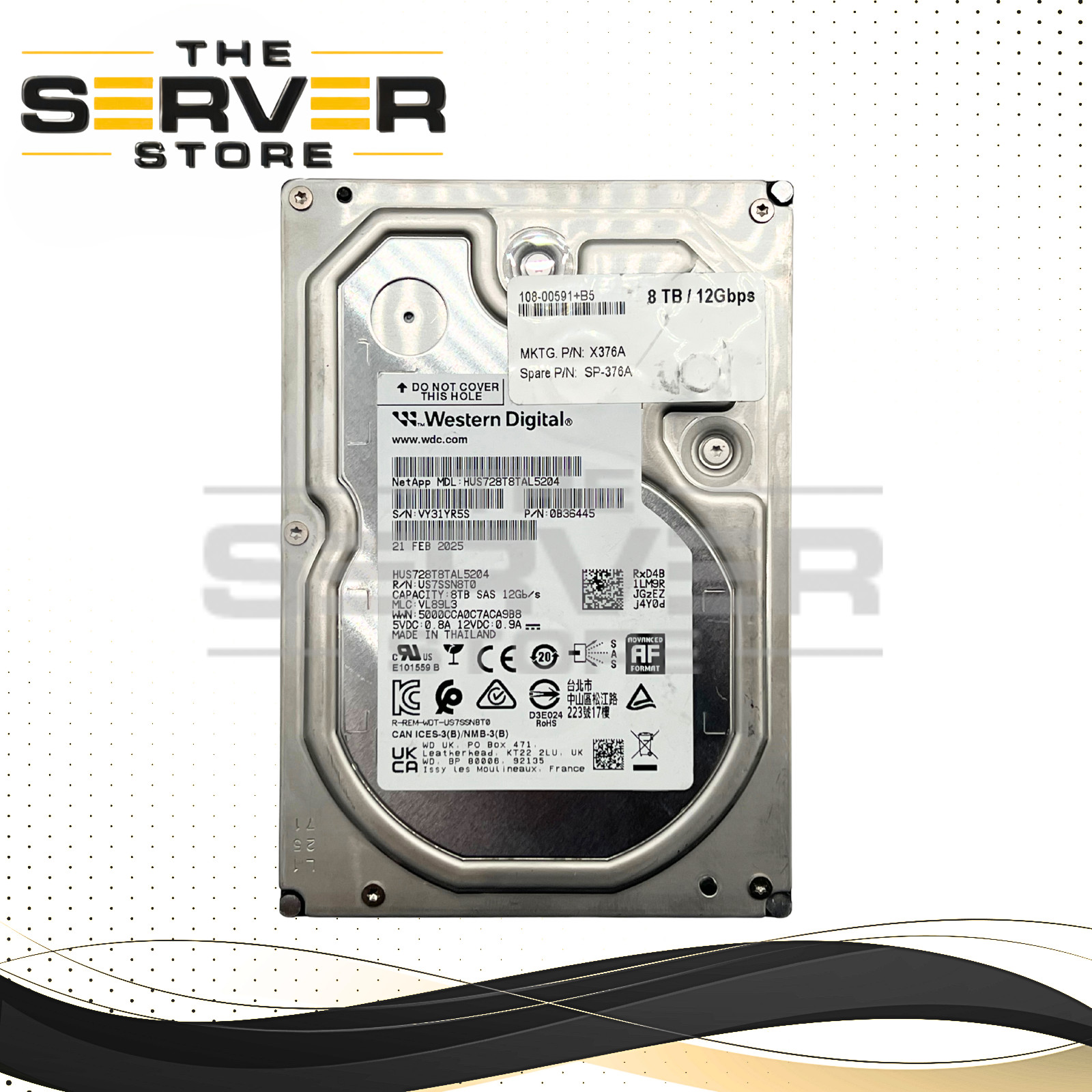 NetApp 8TB SAS 12G 7.2K LFF 3.5 HDD WD HUS728T8TAL5204 108-00591 X376A SP-376A