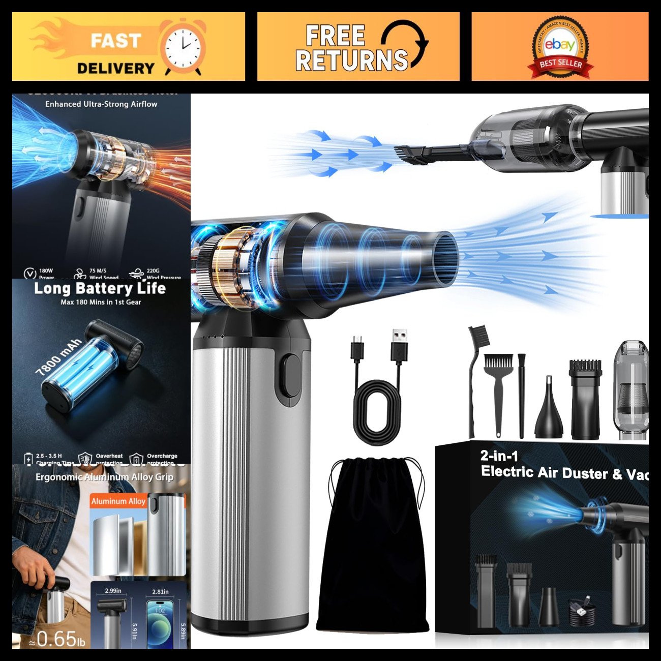 2-in-1 Compressed Air Duster & Vacuum, 320K RPM Brushless Motor, High Power Clea
