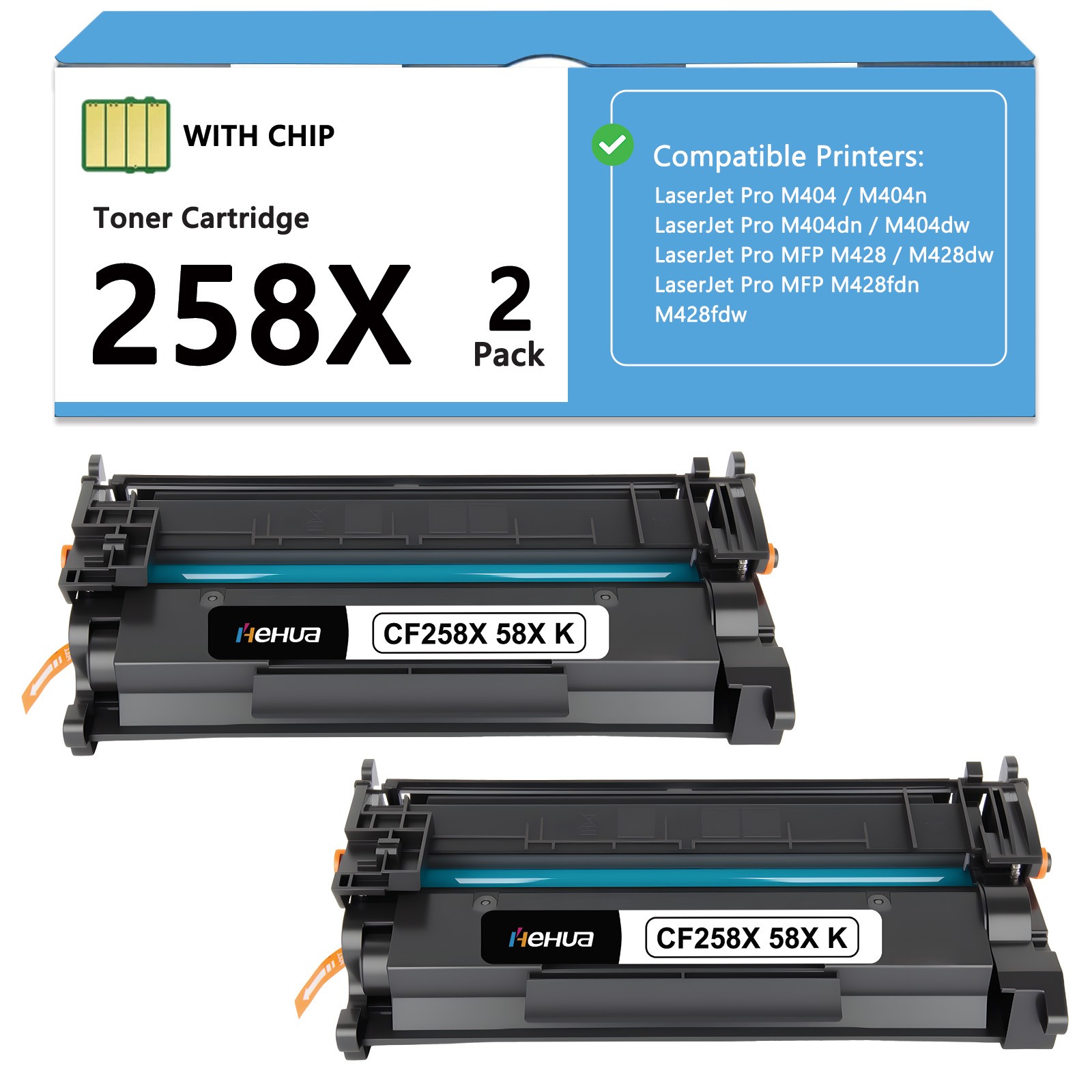 2PK CF258X 58X Toner Cartridge For HP LaserJet Pro M404n M404dn M404dw With Chip