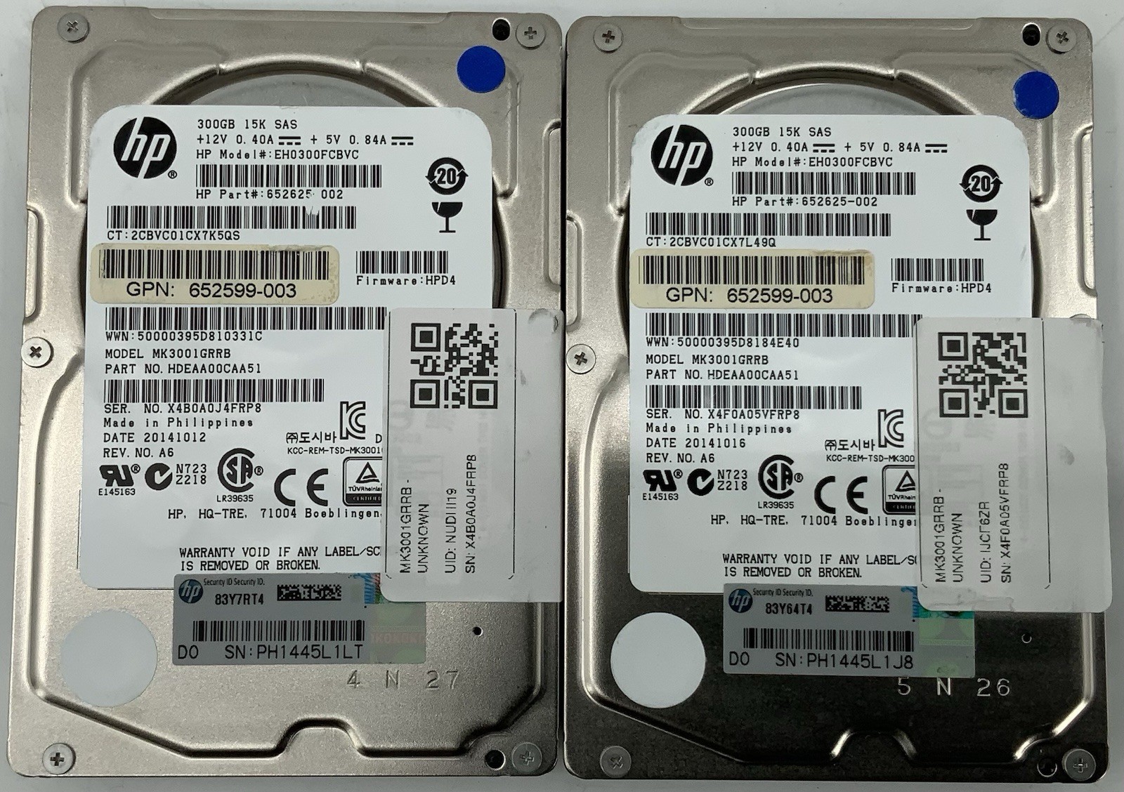 Lot of 2 HP 652625-002 652599-003 MK3001GRRB 300GB 10K SAS 2.5" Enterprise HDD
