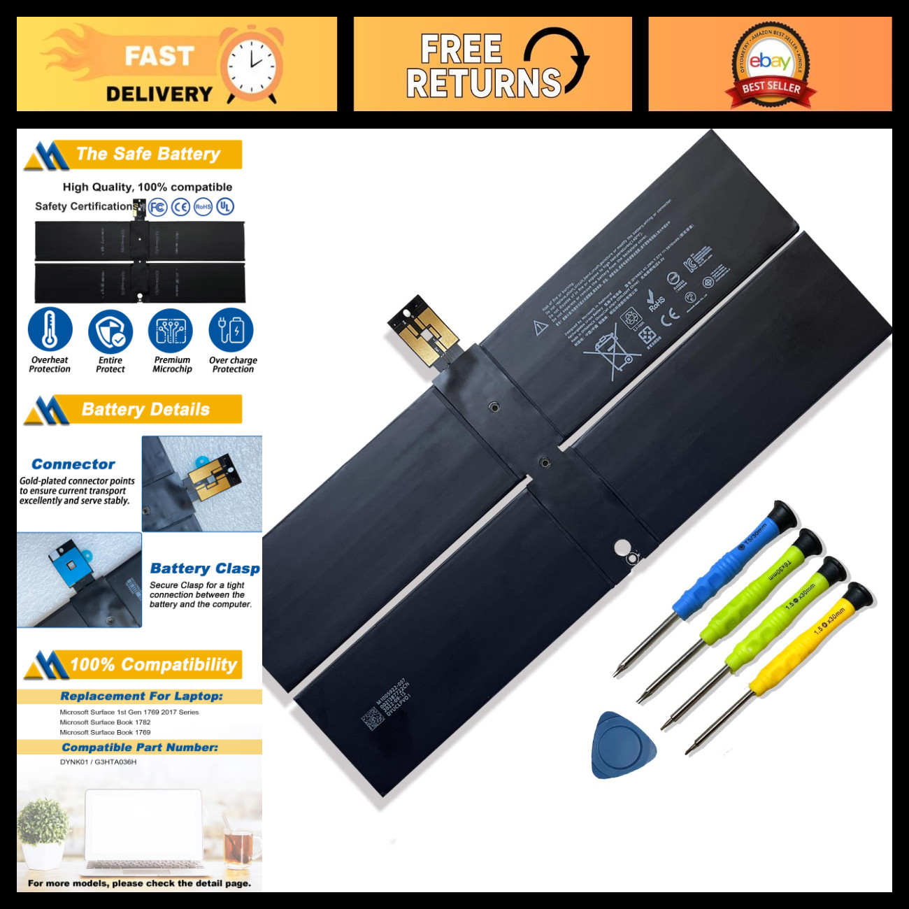 Replacement Battery for Microsoft Surface 1st Gen & Laptop 1782 - 7.57V 45.2Wh 5