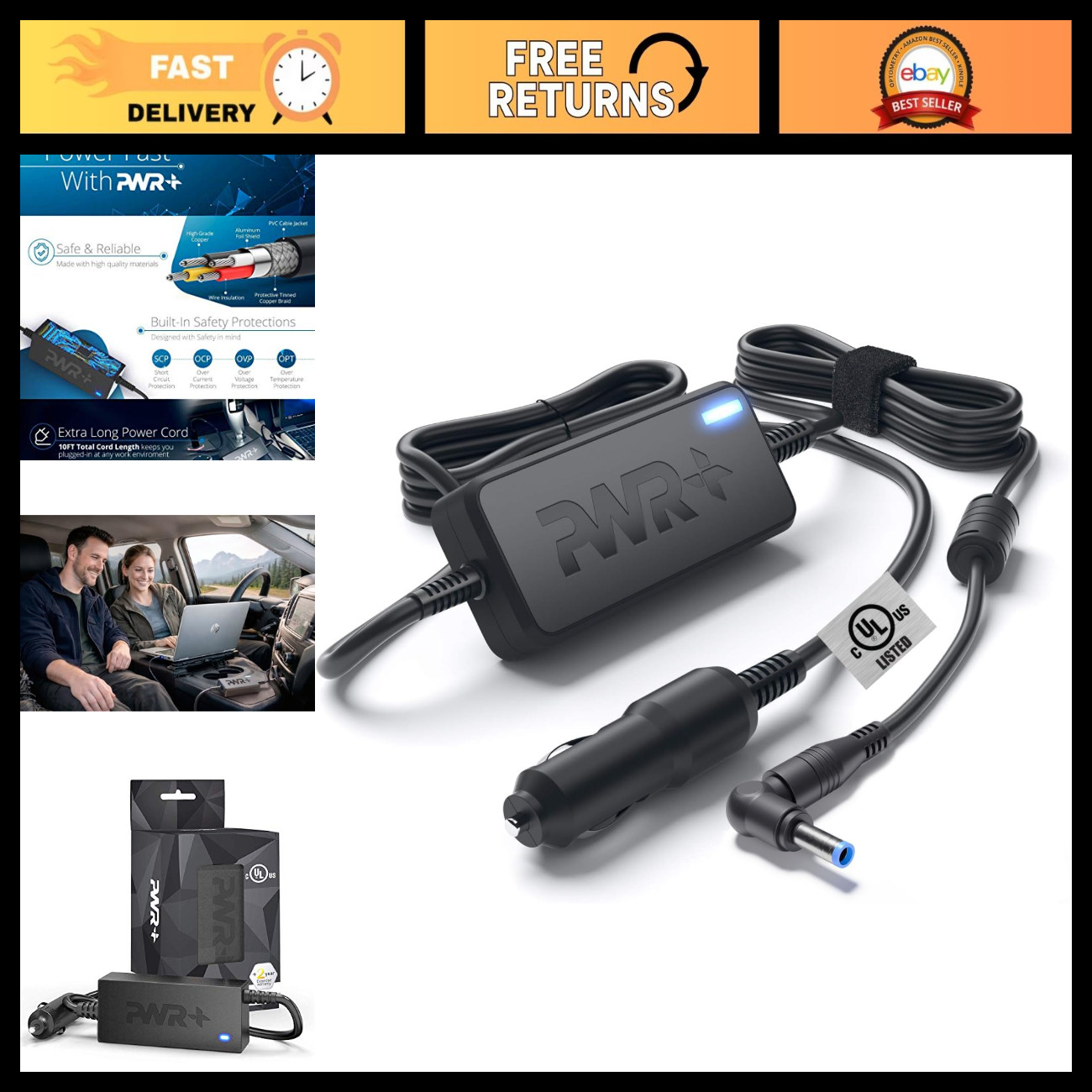 90W 65W 45W CAR Charger for HP Envy Pavilion Spectre EliteBook M6 M7 Series 10Ft