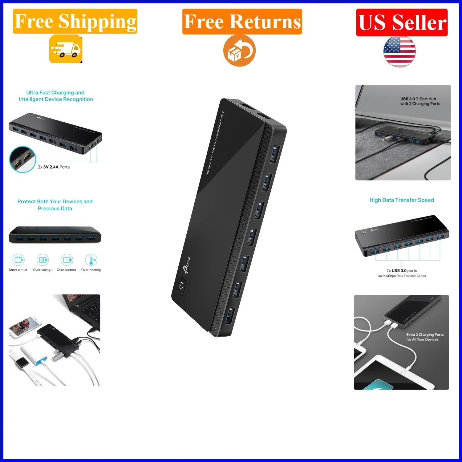 Powered USB Hub 3.0, 7 Data Ports & 2 Charging Ports, Black