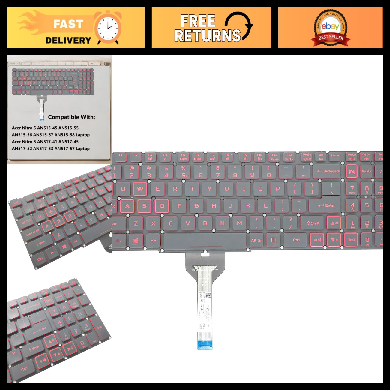 Red Backlit Gaming Keyboard for Acer Nitro 5 AN515-45/55/56 - RGB LED, High Perf