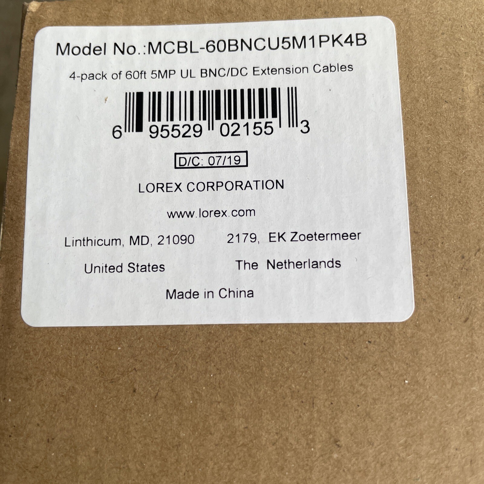 Lorex 100ft  Extension Cables 4 pack (four 100foot cables) MCBL-60BNCU5M1PK4B