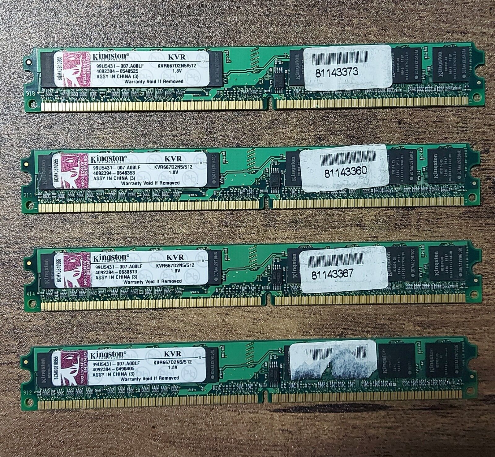 Lot of 4 Memory Sticks of 512MB for Desktop Memory - KVR667D2N5/512_4