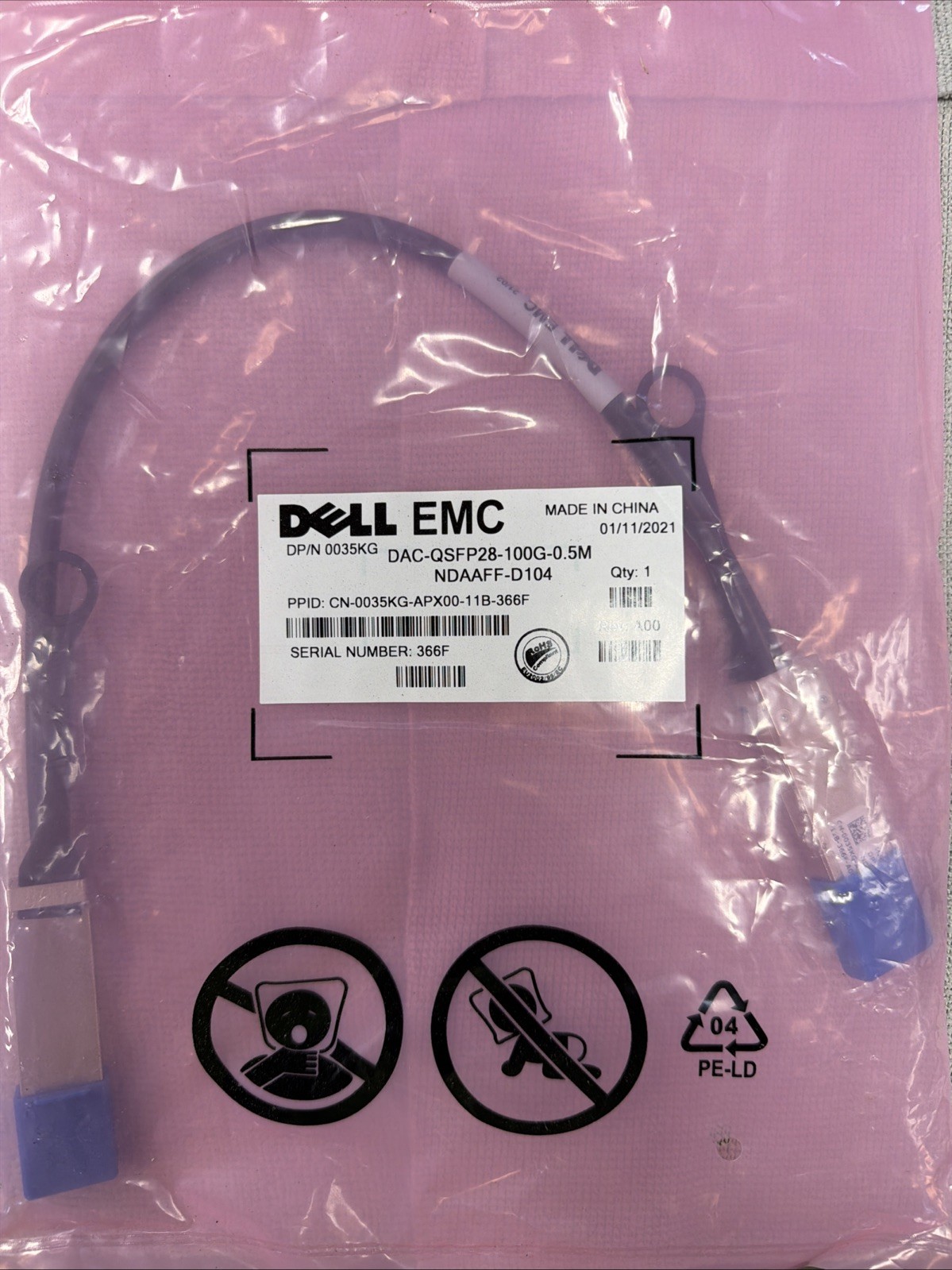 *NEW* DELL DAC-QSFP28-100G-0.5M 0035KG