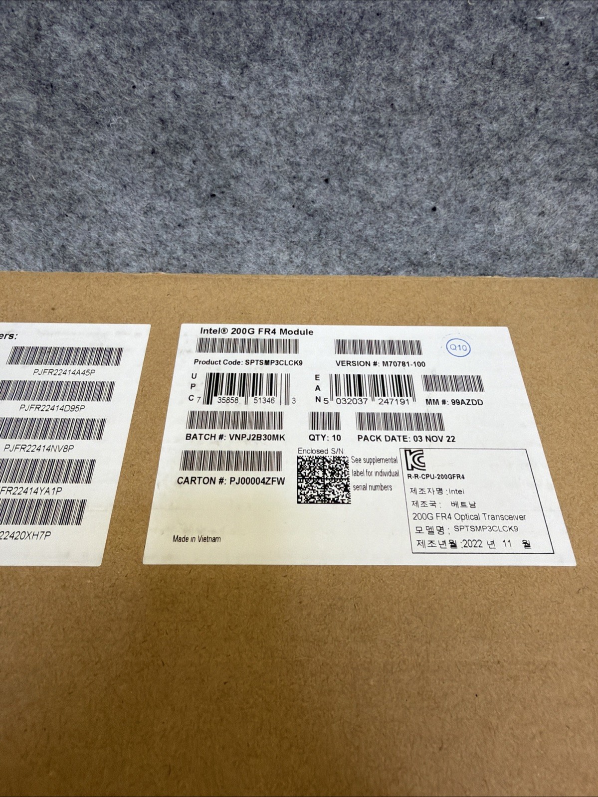 Lot of 10 Intel SPTSMP3CLCK9 200G FR4 QSFP56 3km Optical Transceiver NEW