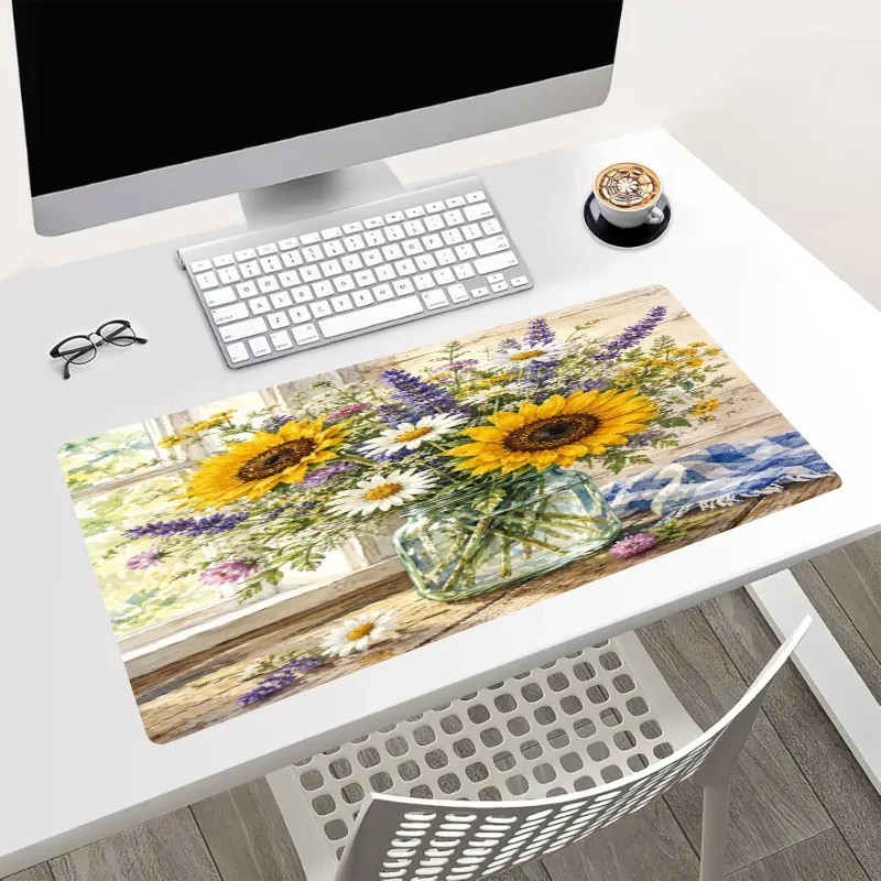 Sunflower Daisy Mouse Pad 24x14in Large Desk Mat Rustic Wildflower Floral Decor