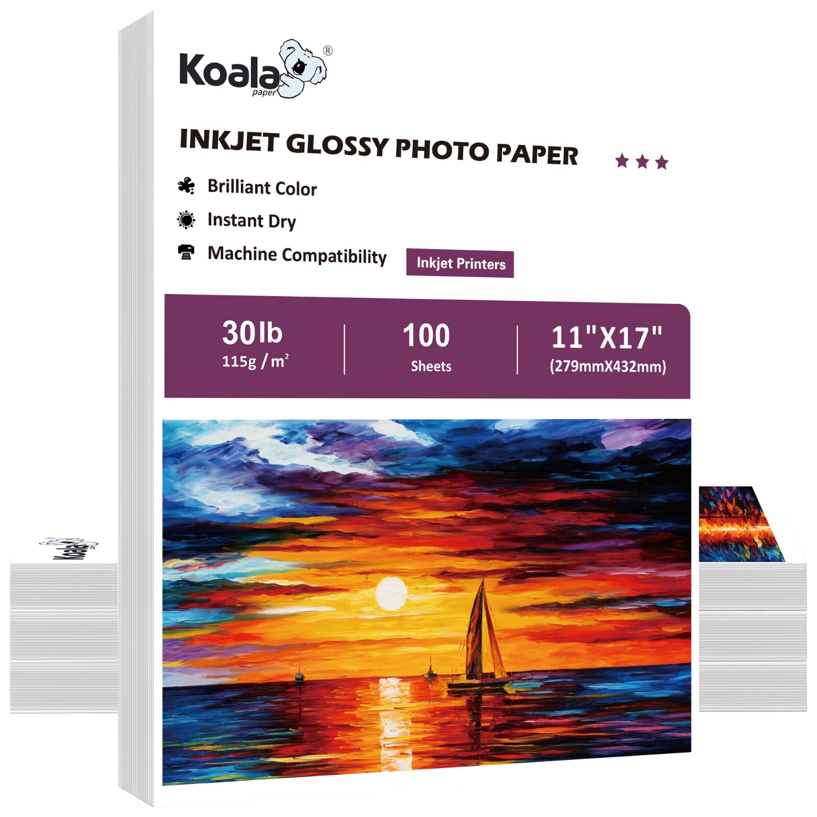 Koala Glossy Inkjet Printer Paper 11x17 30lb 300 Sheets 115gsm Thin Gloss Paper
