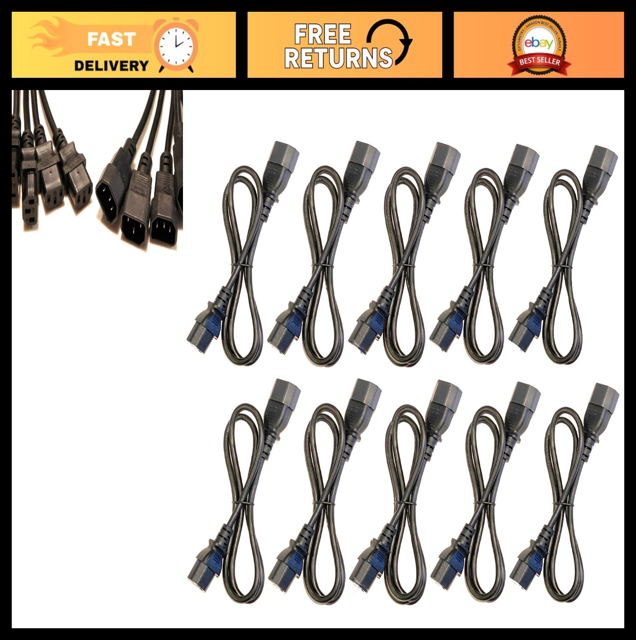 10 Pack 3ft IEC 320 C13 C14 Power Cords 10A 18AWG AC Cable for PDU & CPU