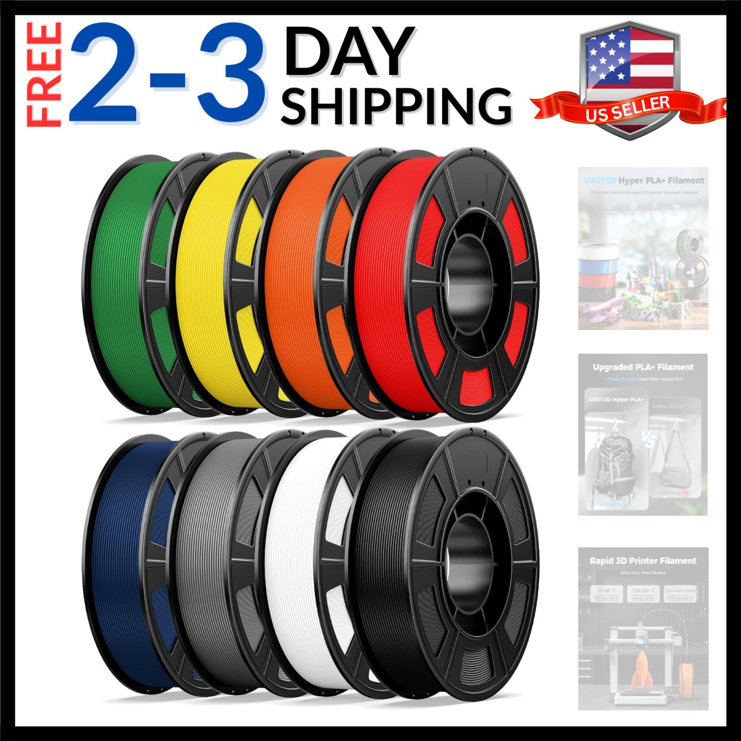8 Color Bundle Hyper PLA+ 3D Printer Filament, Multicolor PLA+ Filament 1.75m...