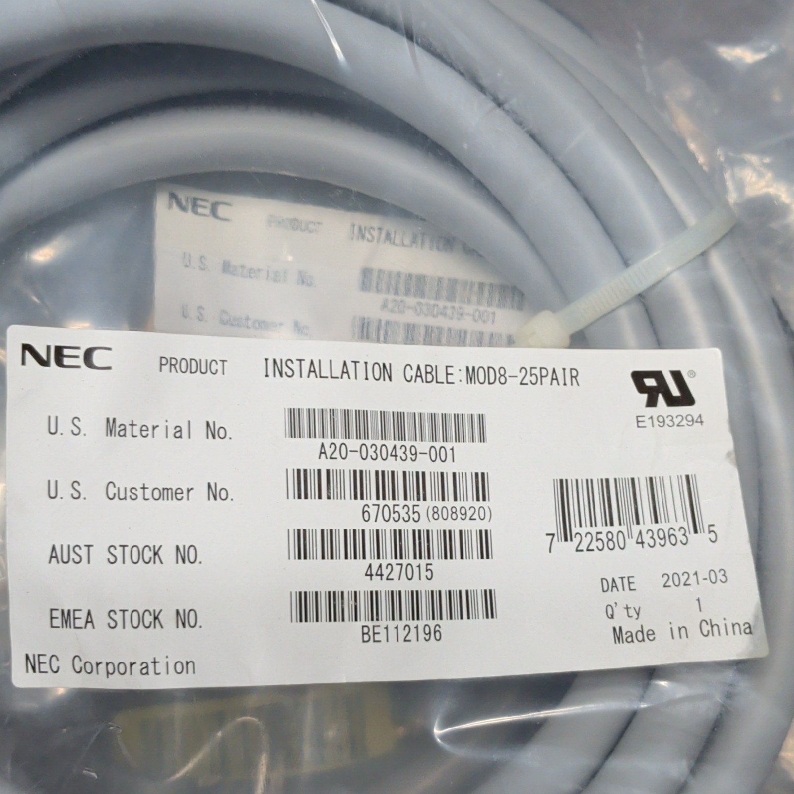 New NEC Installation Cable MOD8-25PAIR A20-030439-001 670535 Gray Telecom Wire