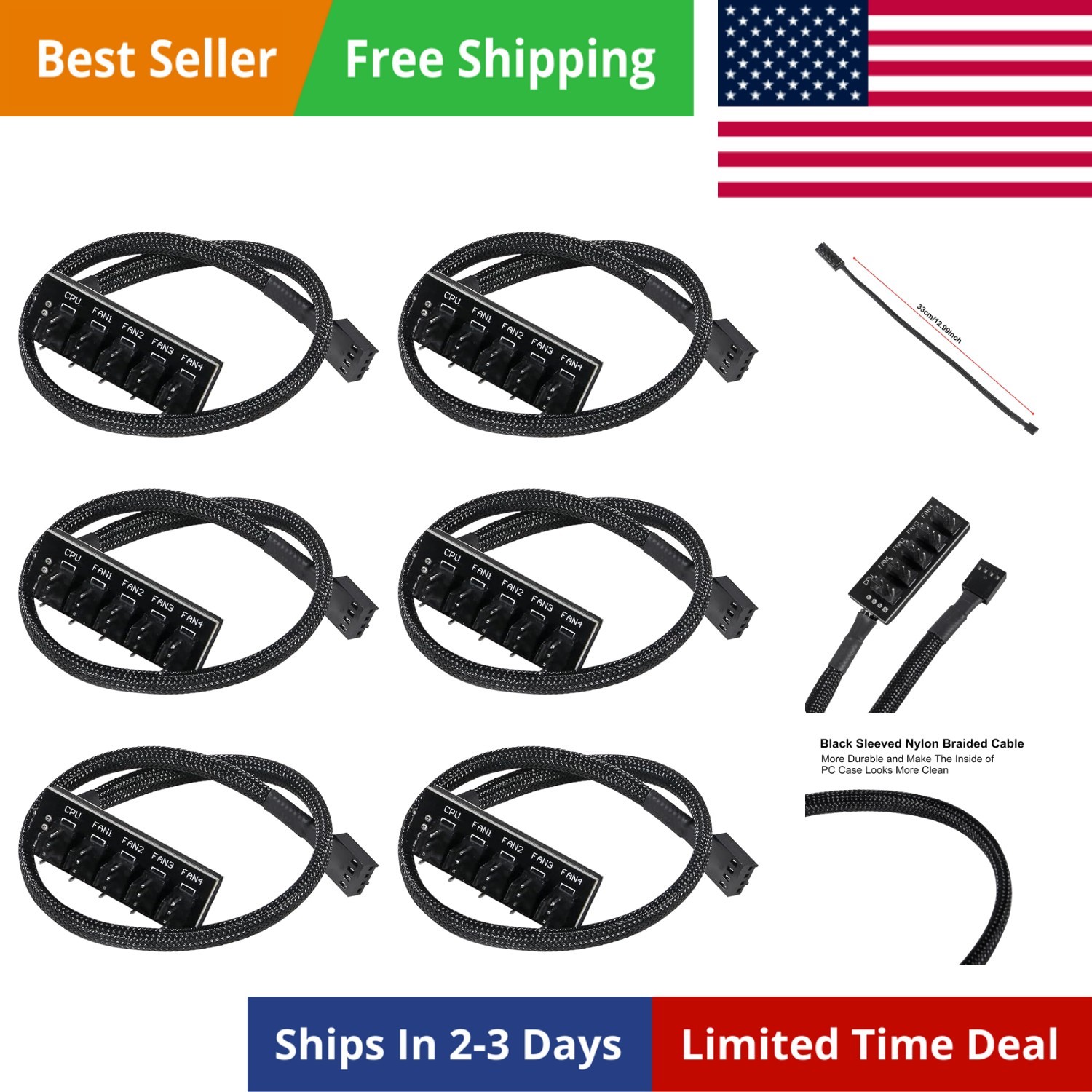 6-Pack 4-Pin PWM Fan Hub - 1 to 5 Way Splitter Power Supply Cable for PC Moth...