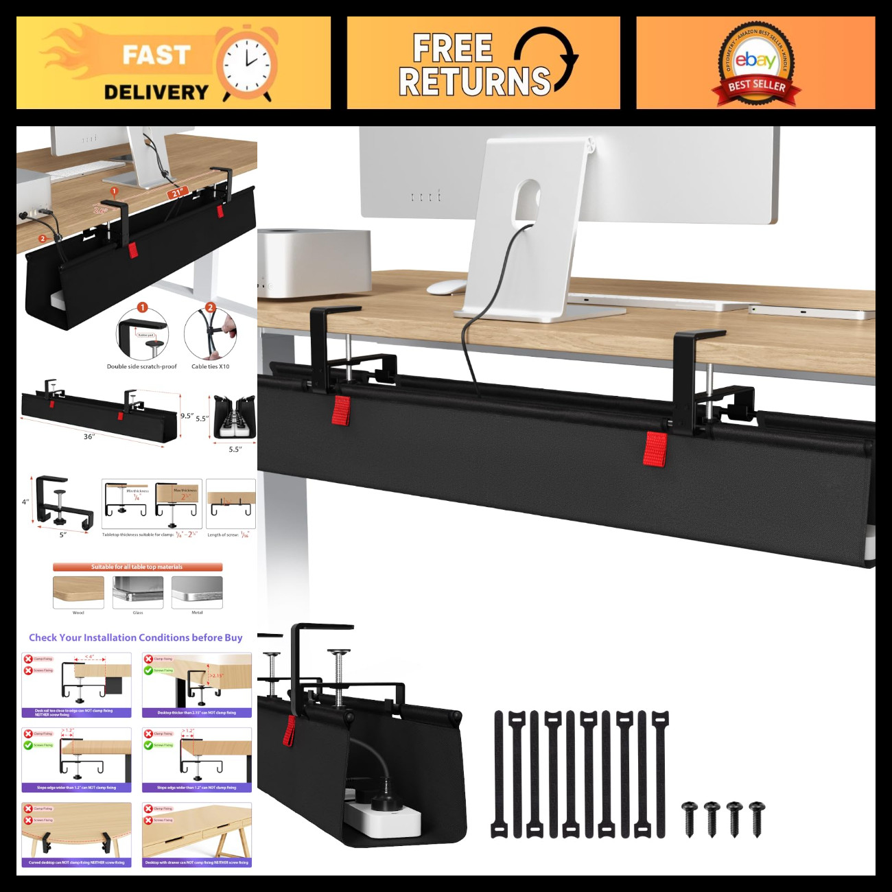 36-Inch No Drill Under Desk Cable Management Tray - Tidy Up Cords & Wires