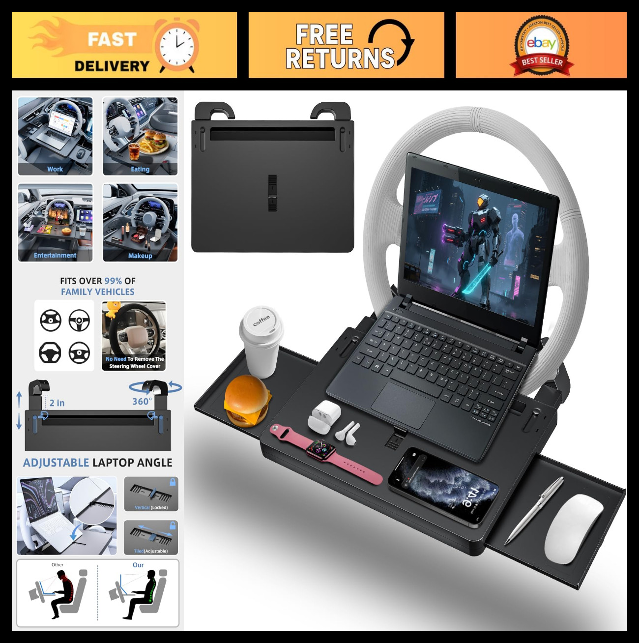 Multipurpose Car Steering Wheel Tray, Food & Laptop Desk, Adjustable with Drawer