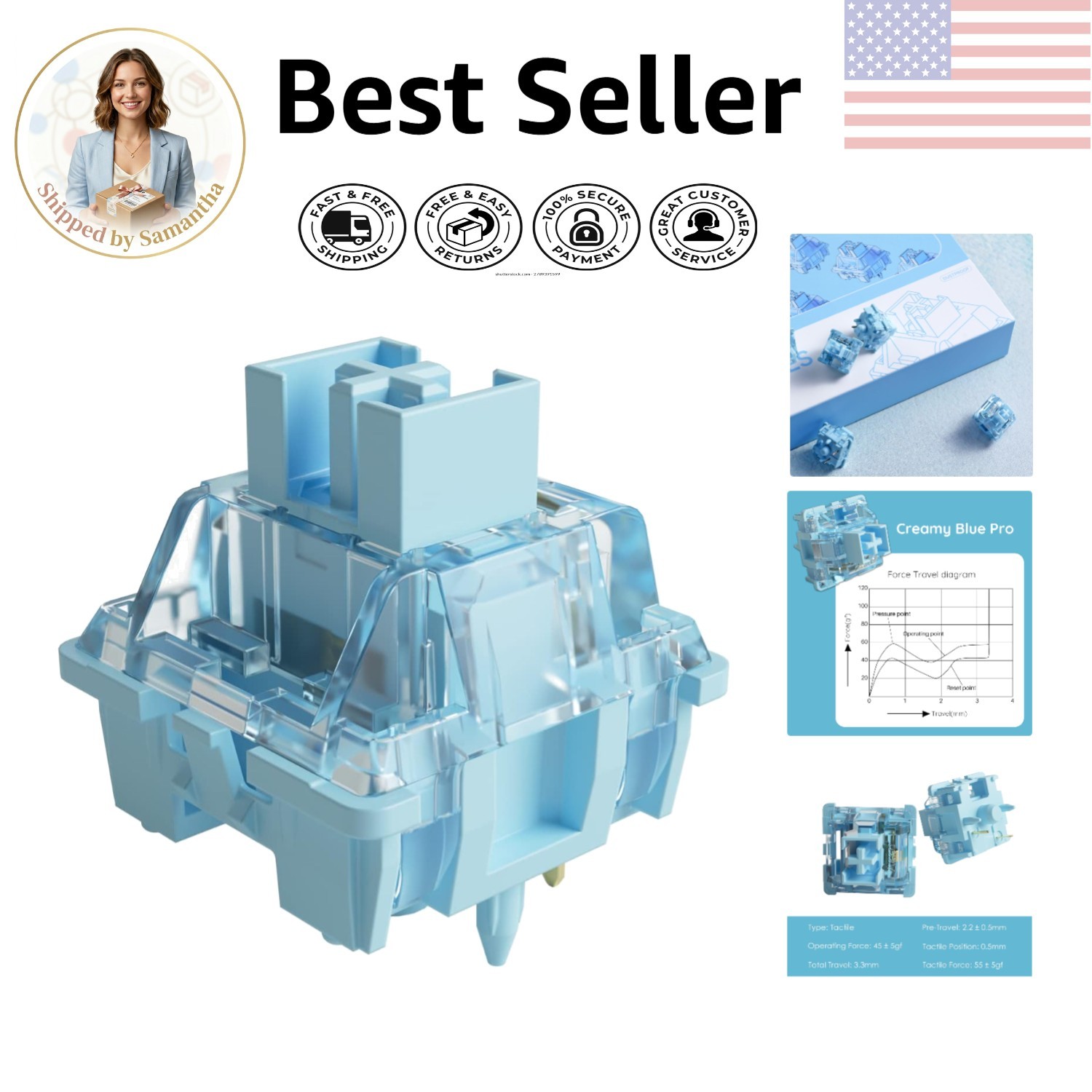 Durable V3 Creamy Bulue Switches - 60 Million Keystrokes, Water Resistant 45pcs