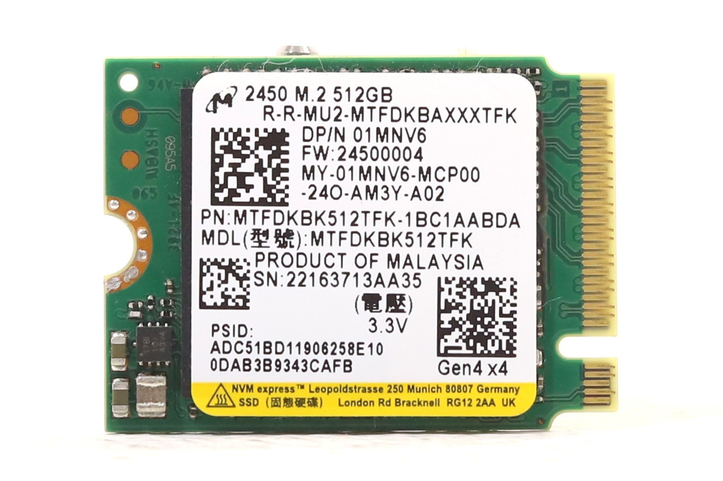 Micron MTFDKBK512TFK 512GB M.2 2230 TLC PCIe Gen4 x4 NVMe SSD Dell P/N: 01MNV6