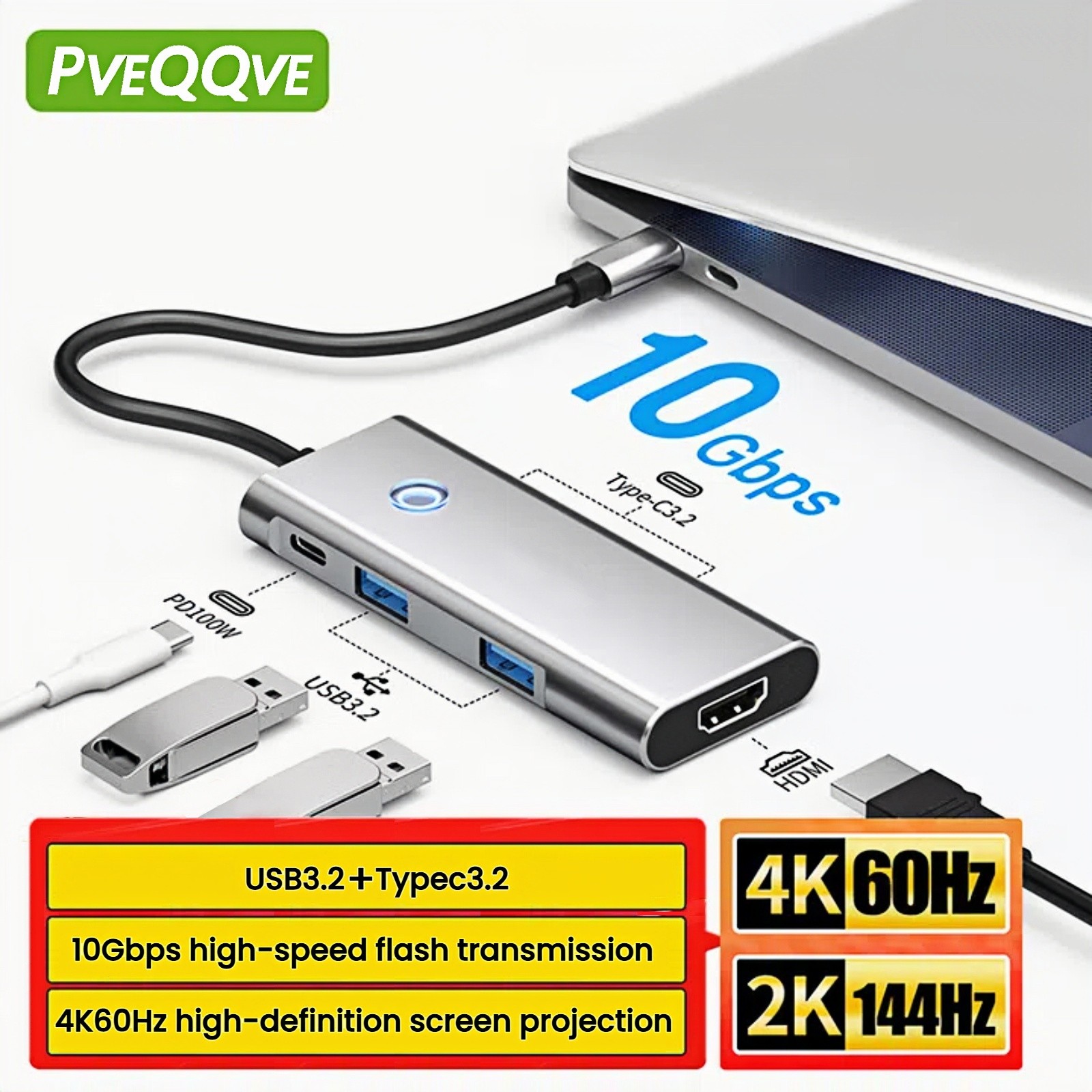 6-in-1 USB C Hub:4K HDMI,100W PD,10Gbps High-Speed Data for MacBook,Dell,HP,ect.